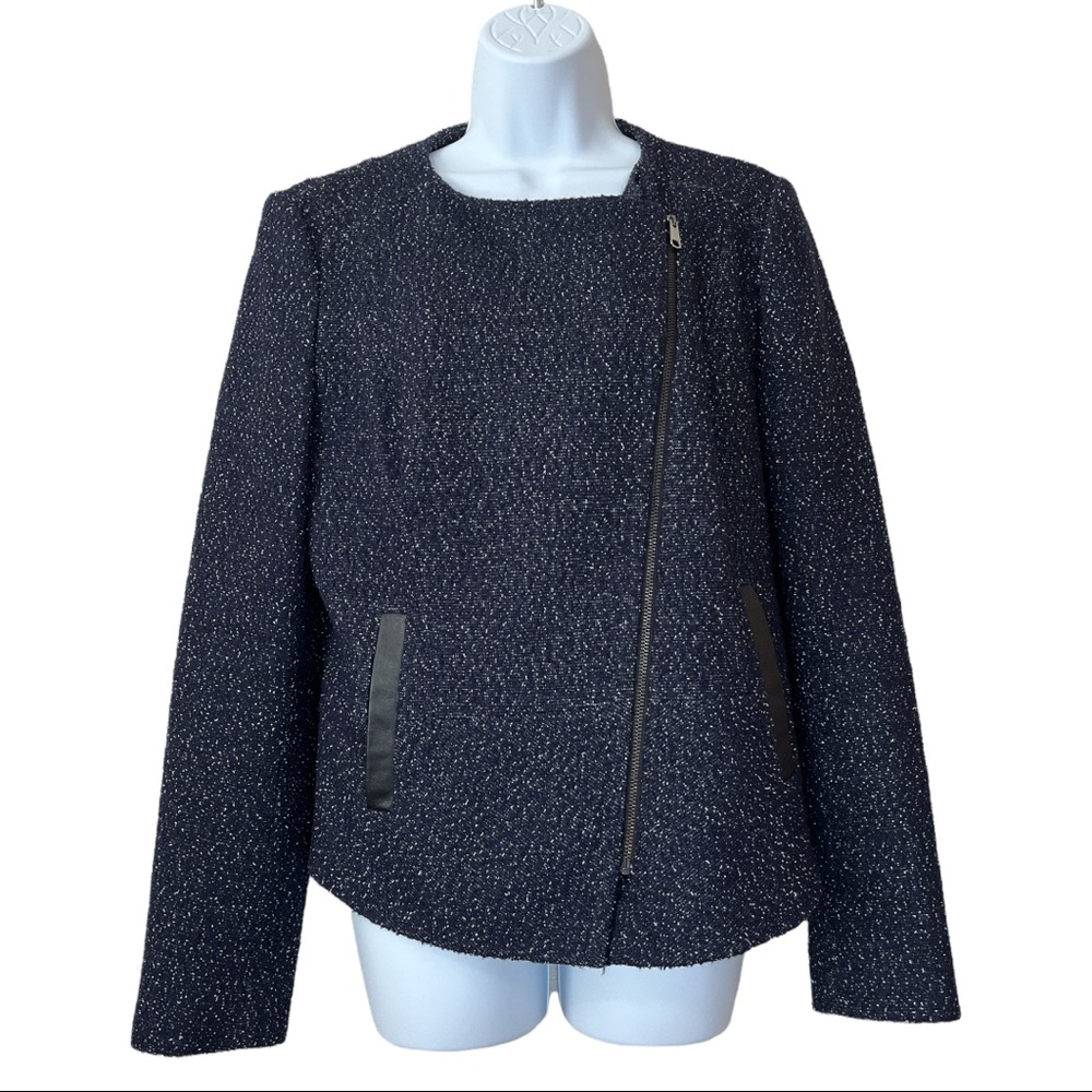 Hugo Boss Klera Tweed Wool Blue Asymmetrical Blazer Coat - Picture 3 of 9